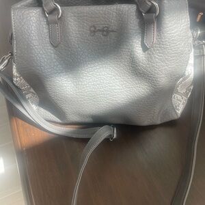 Gray Textured Satchel with Metal Hardware